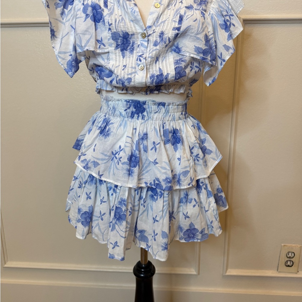 LoveShackFancy Blue and White Floral Mini Skirt